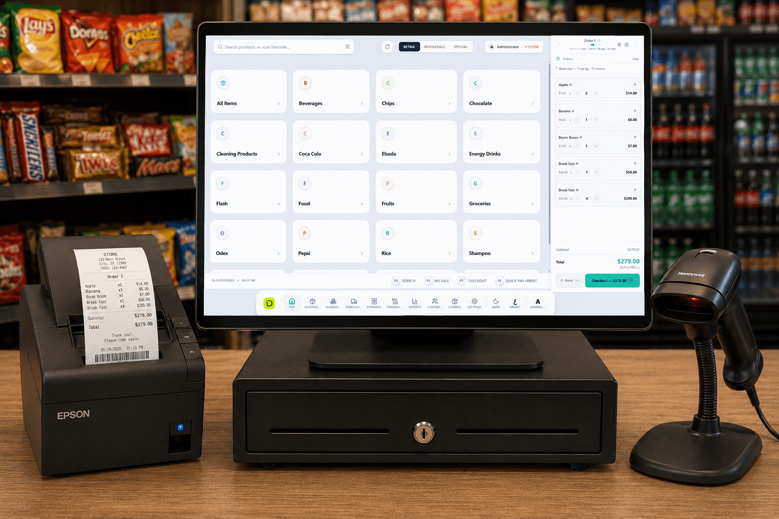 iDevelopit POS running on a retail checkout counter with barcode scanner and receipt printer