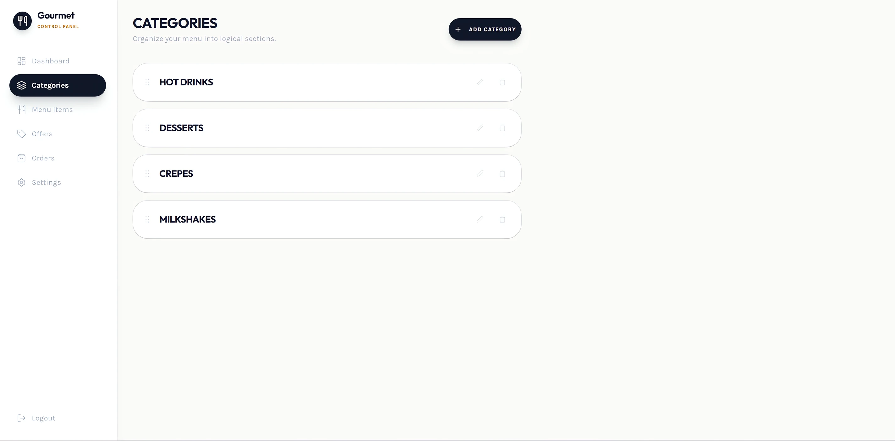 iDevelopIt Menu control panel categories screen listing hot drinks, desserts, crepes and milkshakes with edit and delete actions