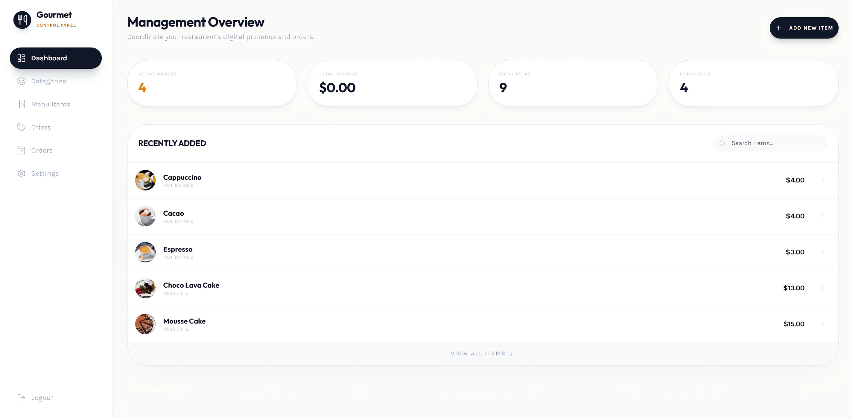 iDevelopIt Menu control panel dashboard showing active orders, total revenue, total items and categories, with a list of recently added menu items and prices