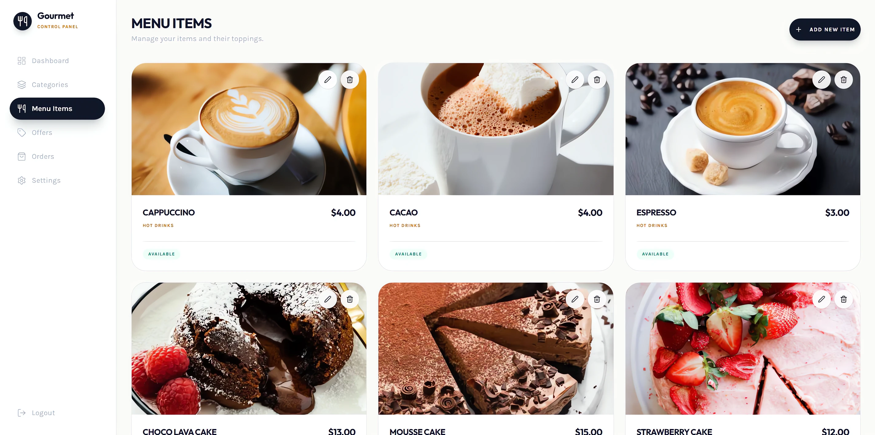 iDevelopIt Menu control panel menu items screen with photo cards for cappuccino, cacao, espresso and desserts, each showing price, category and availability