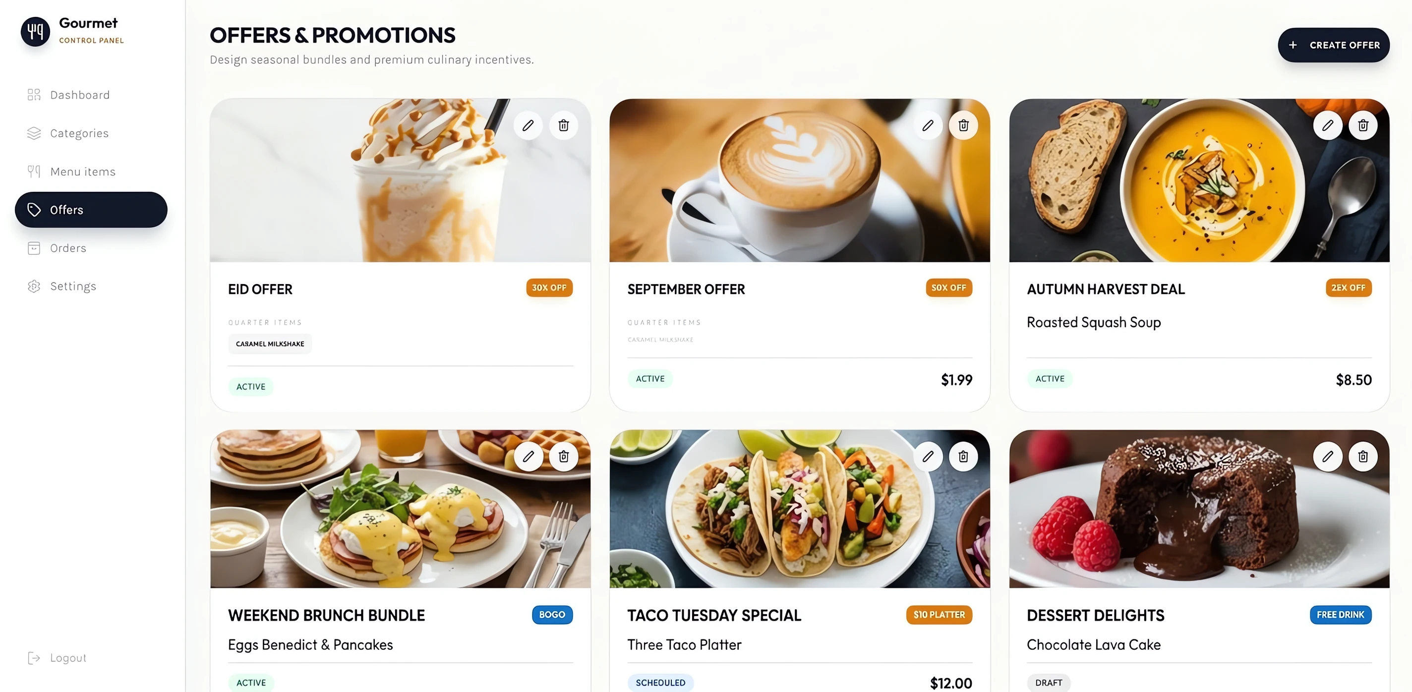 iDevelopIt Menu control panel offers and promotions screen with photo cards for seasonal offers and bundles showing discount badges, prices and status
