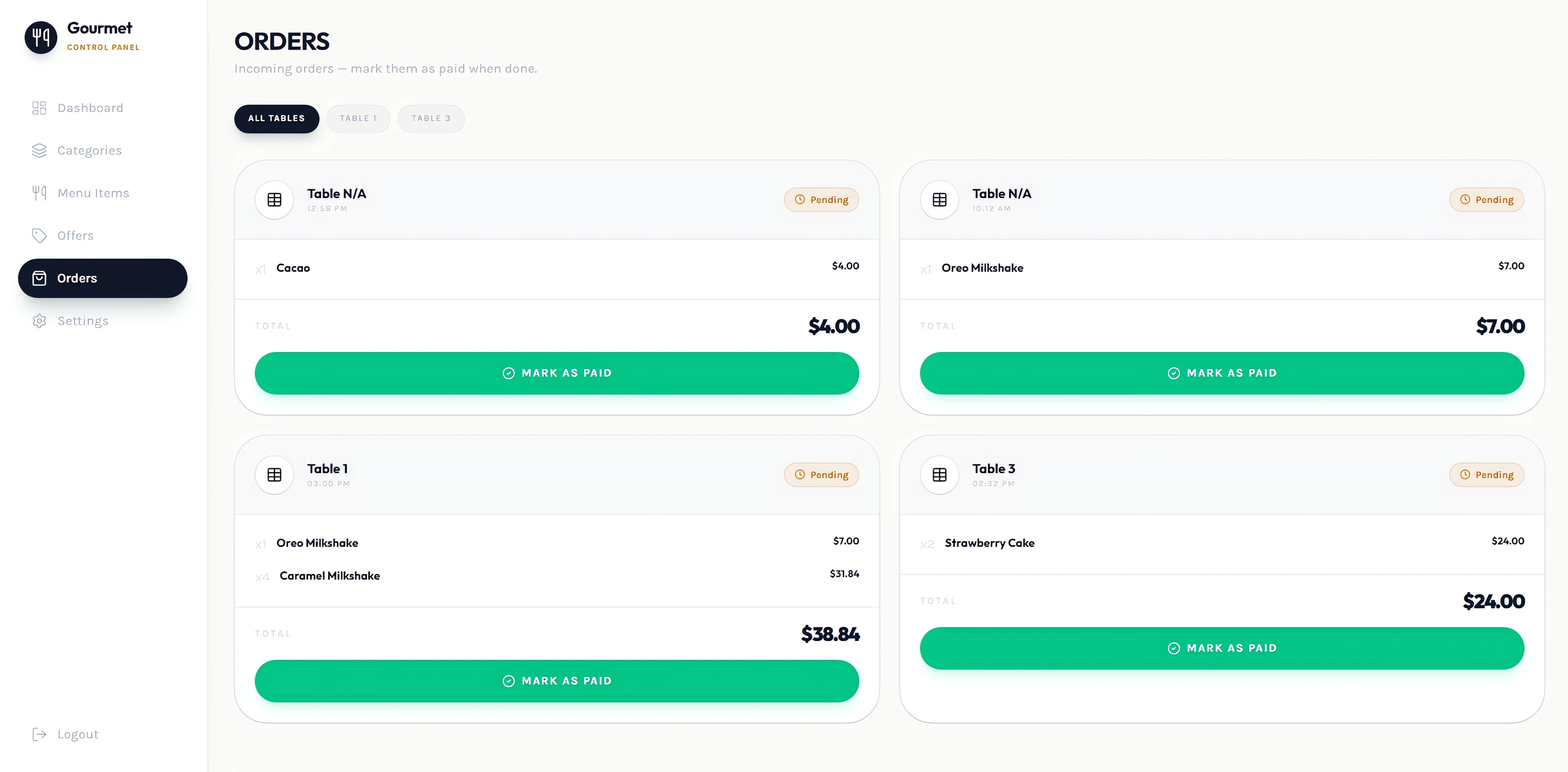 iDevelopIt Menu control panel orders screen showing pending table orders with items, quantities, totals and mark as paid buttons, filterable by table