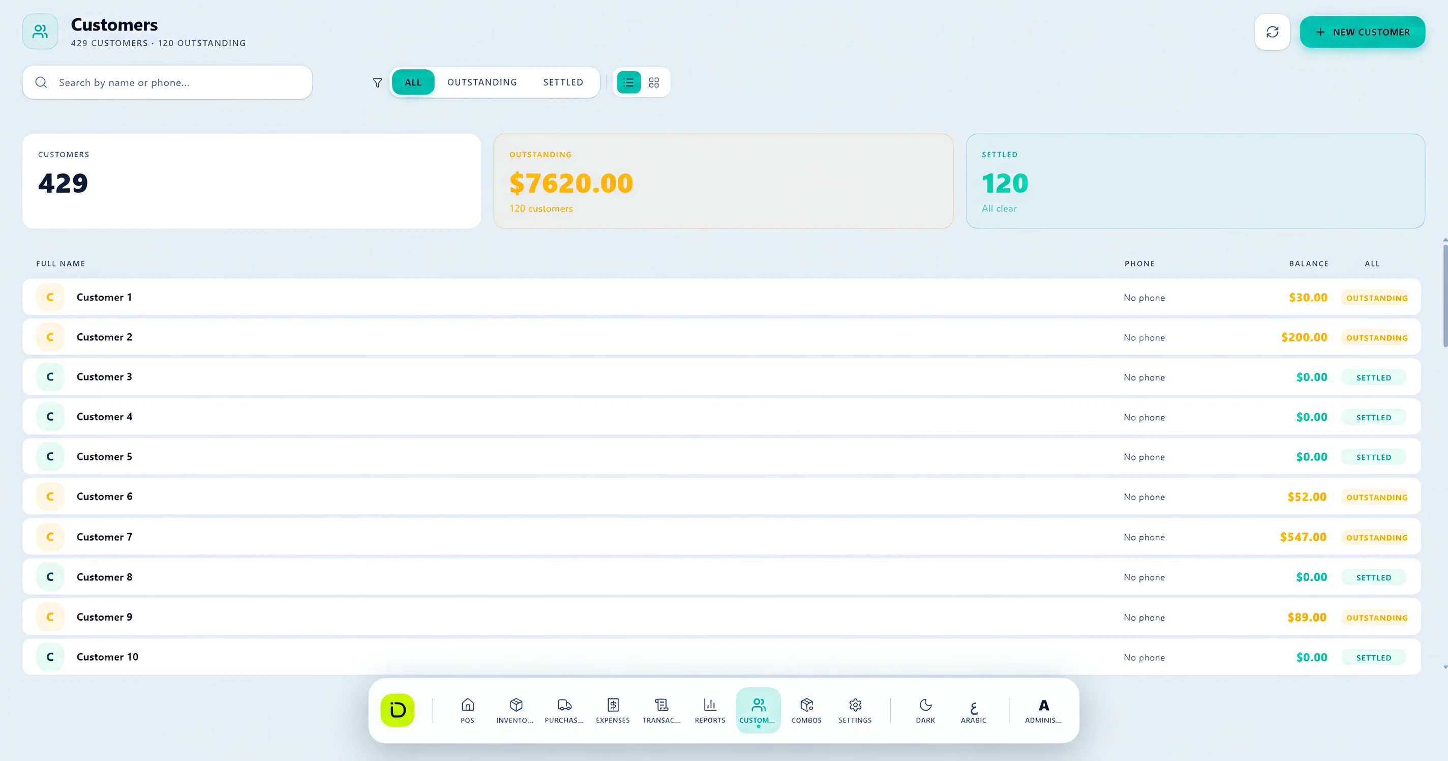 iDevelopIt POS customers screen showing customer count, total outstanding balance, settled customers and a customer list with balances marked outstanding or settled