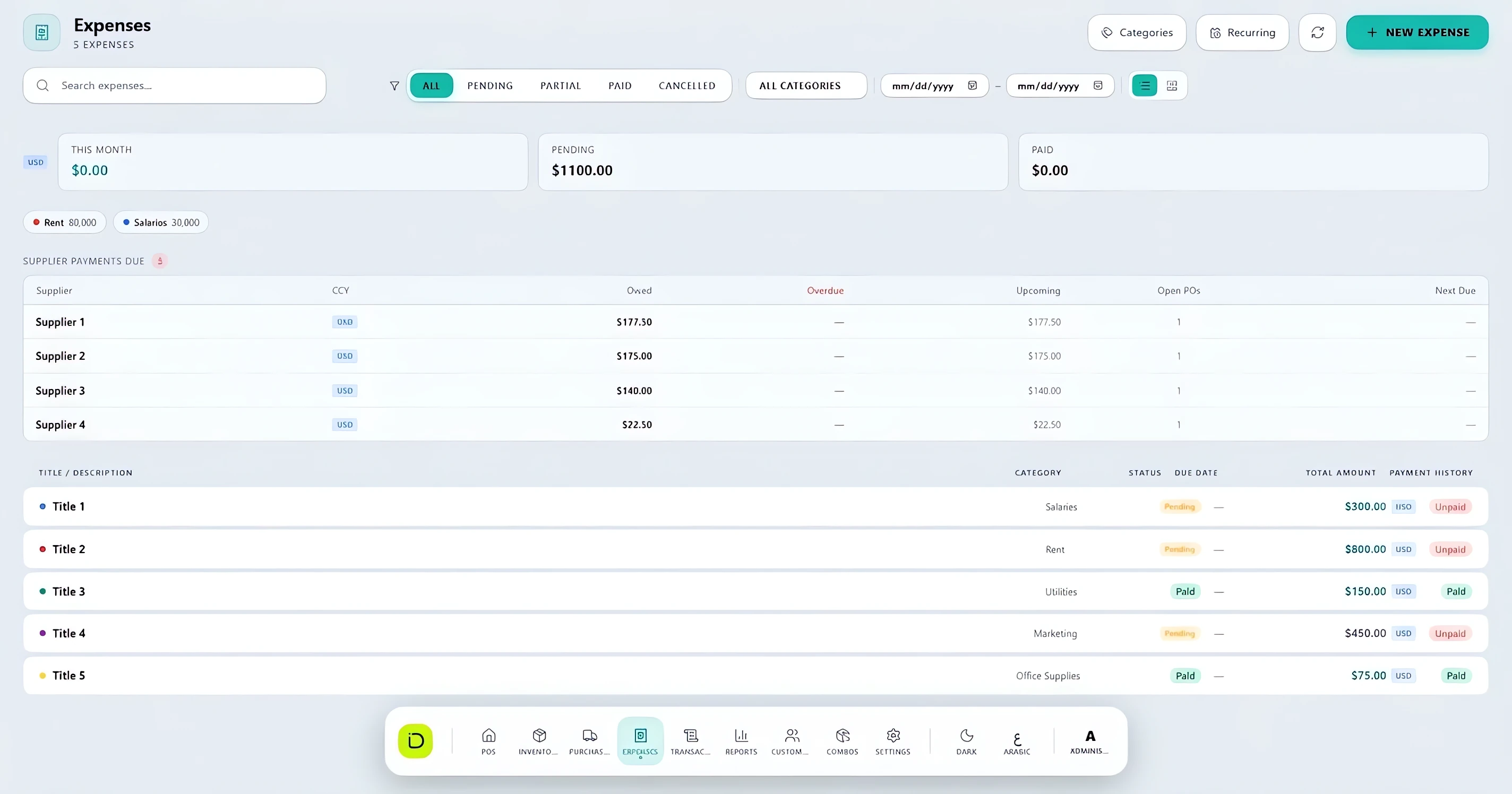 iDevelopIt POS expenses screen showing expenses by category with pending and paid statuses, recurring costs and supplier payments due