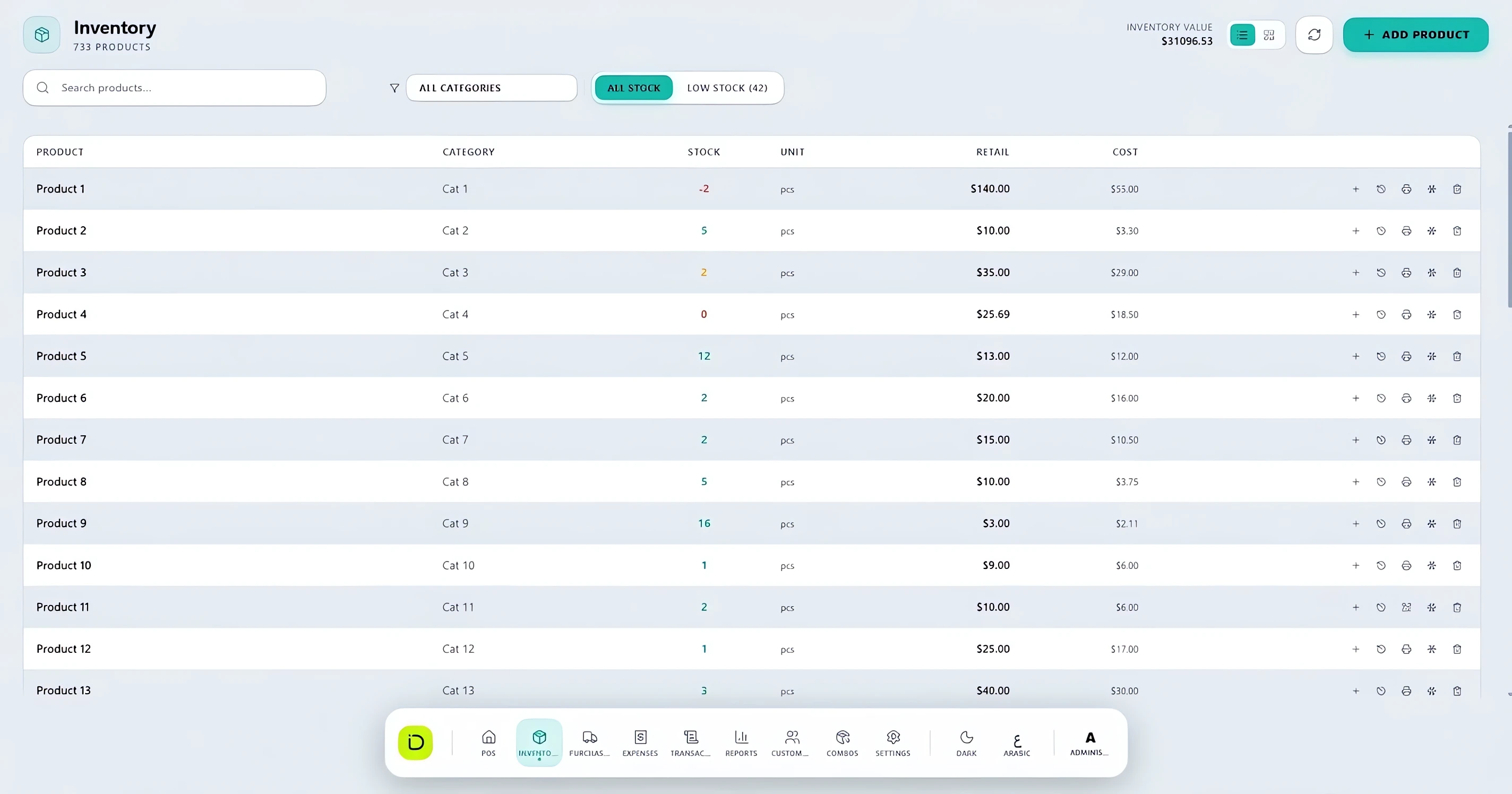 iDevelopIt POS inventory screen listing products with category, colour-coded stock levels, retail and cost prices, total inventory value and a low stock filter
