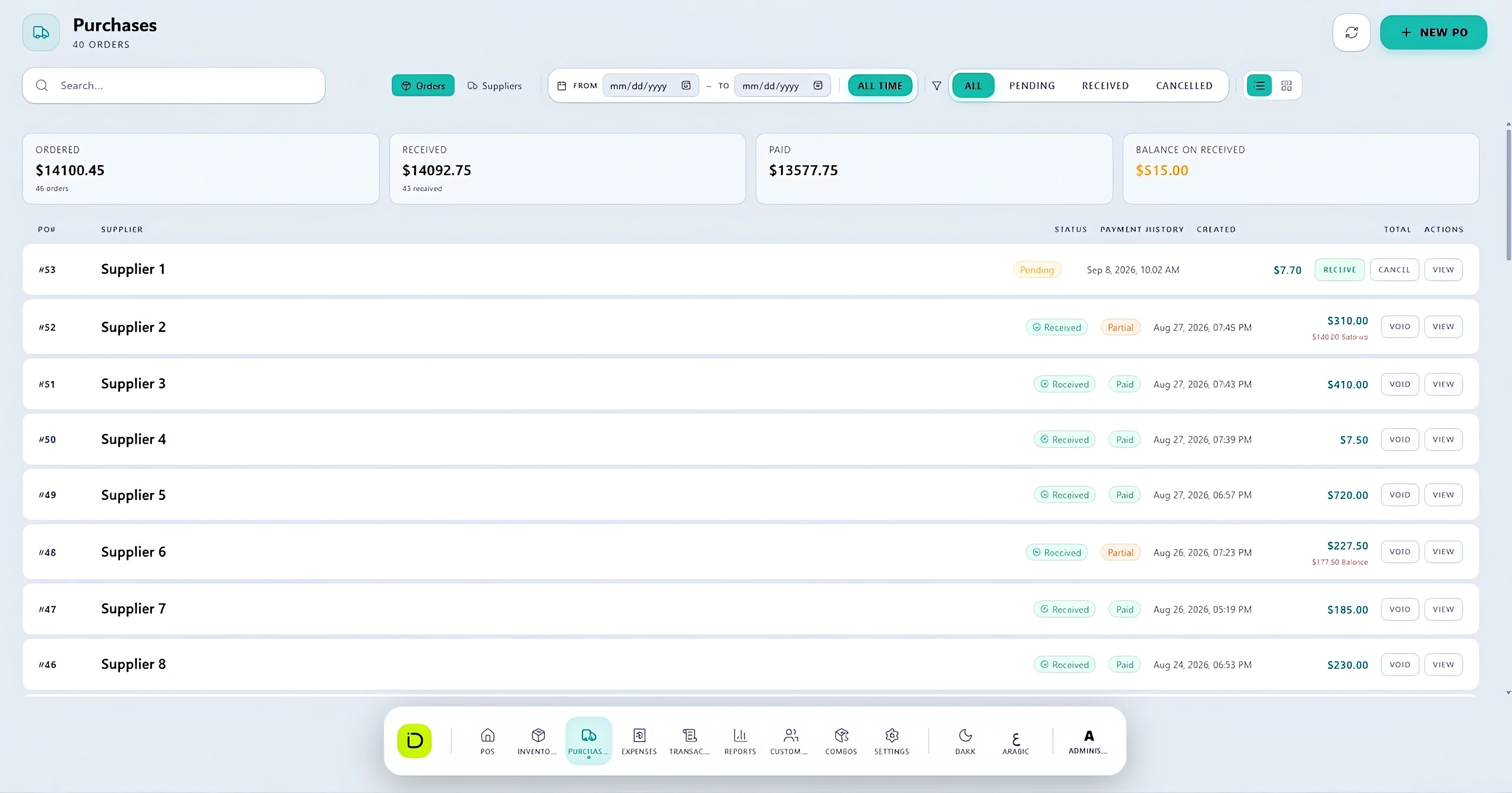 iDevelopIt POS purchases screen showing supplier purchase orders with received, pending and partial payment statuses and totals for ordered, received, paid and balance