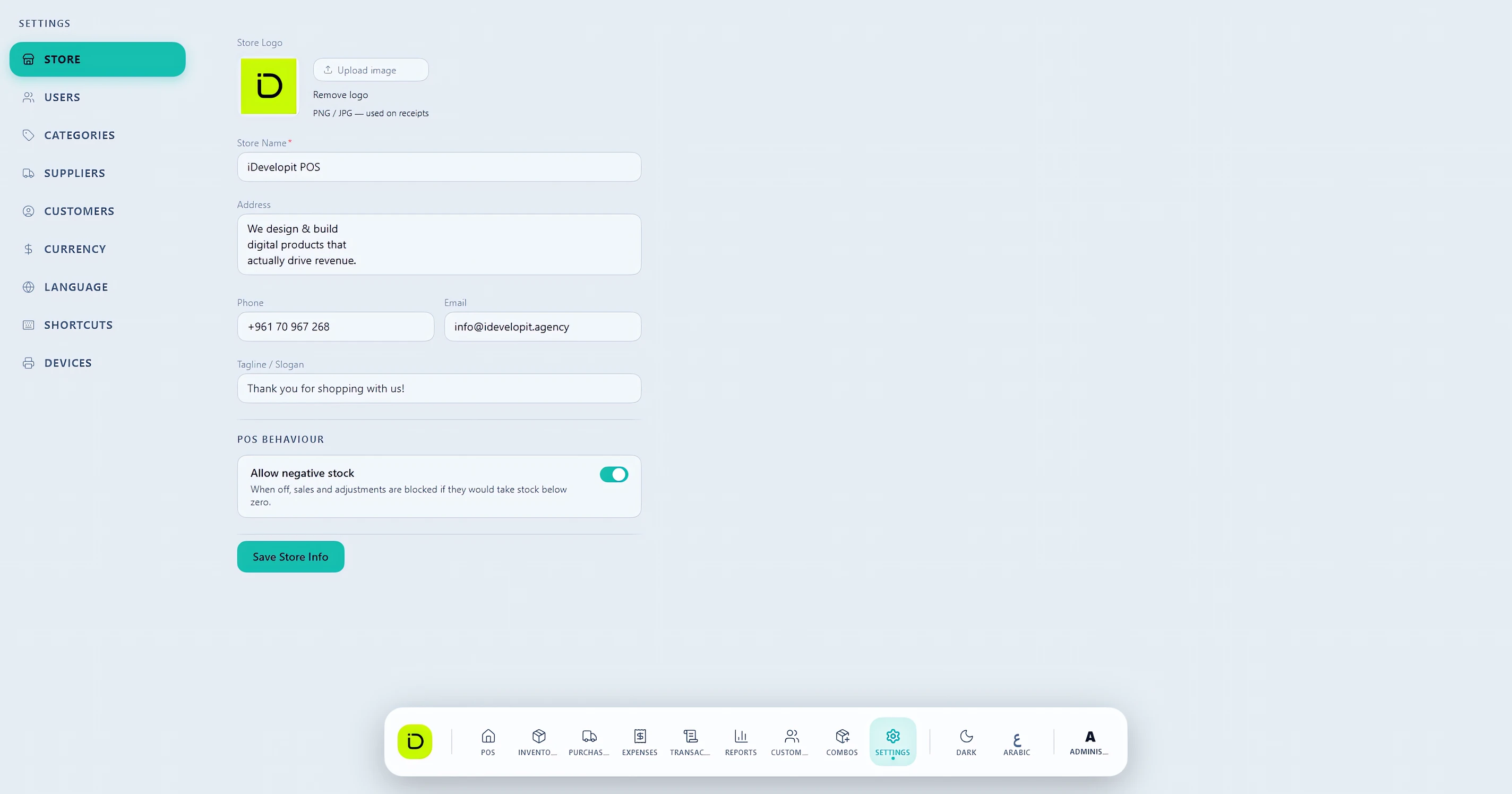 iDevelopIt POS settings screen with store logo, store name, address, phone, email and receipt tagline, plus sections for users, categories, suppliers, currency, language, shortcuts and devices