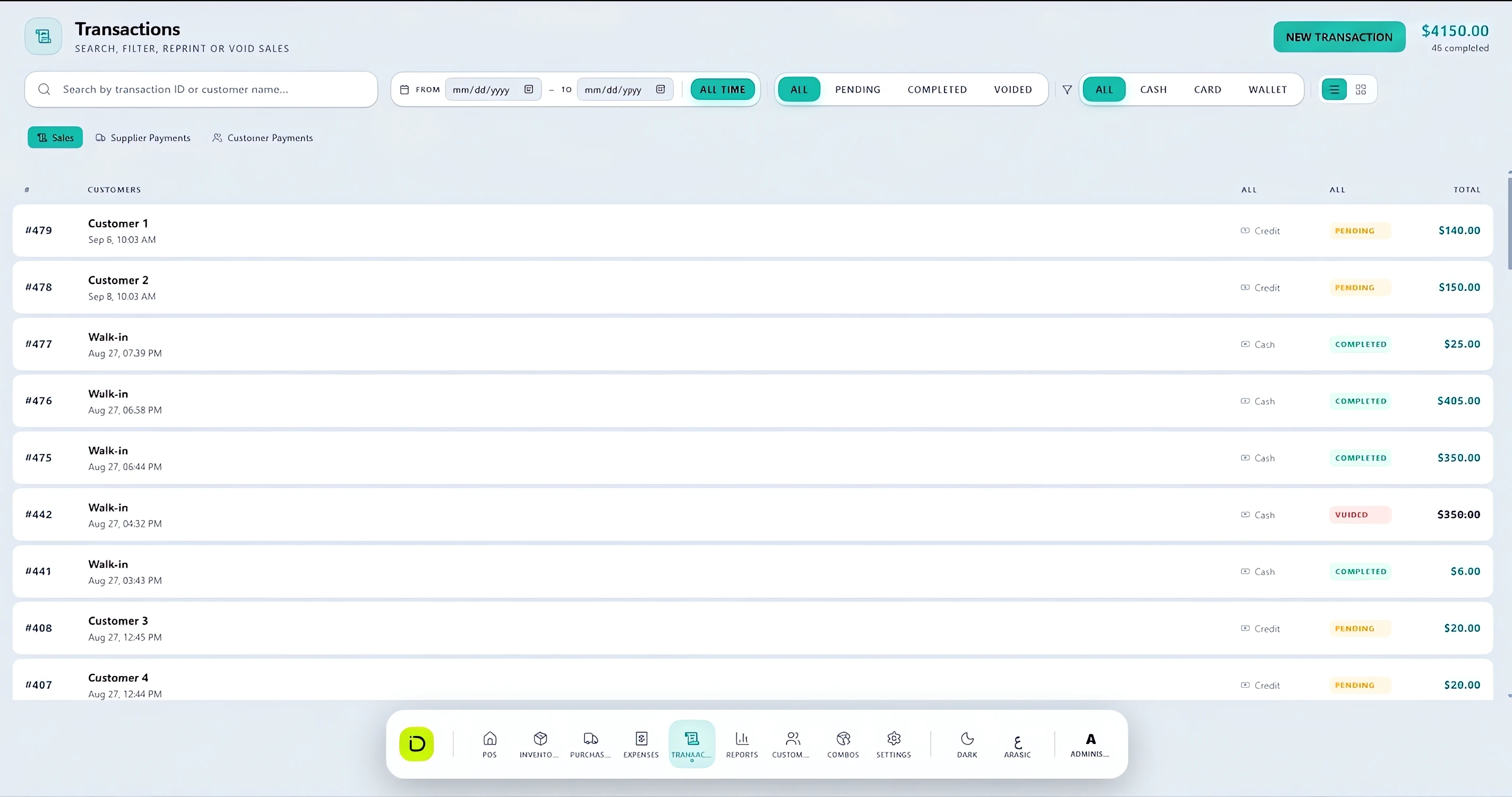 iDevelopIt POS transactions screen listing sales with customer, payment method, pending, completed and voided statuses, and filters for date, status and cash, card or wallet payments